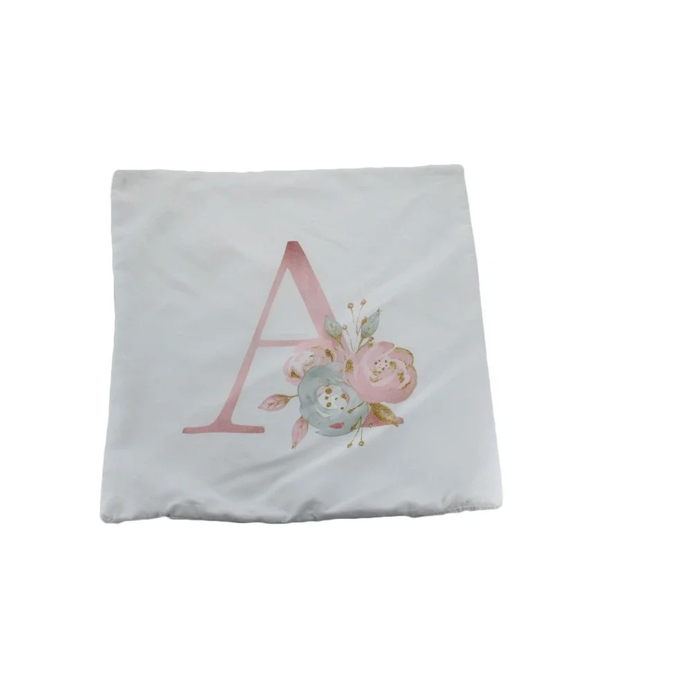 Floral Monogram Letter A Throw Pillow Cover White Pink Rose Gold 17x17